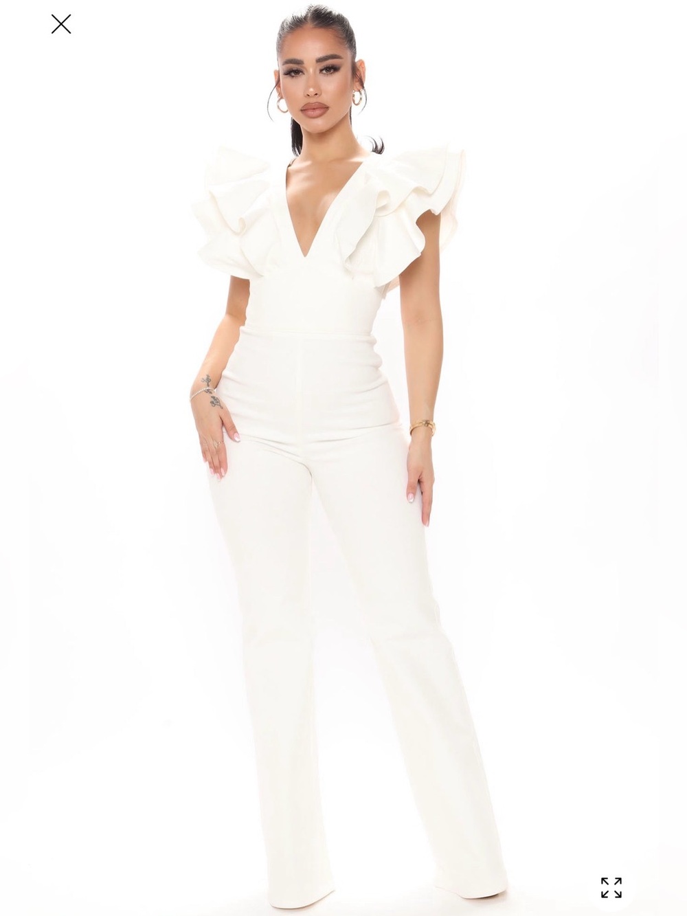 White Ruffle Shoulder V-Neck Jumpsuit